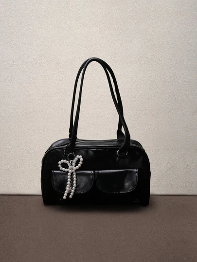 Hatastic 1个极简复古拉链手提包，带口袋，双提手，适合女性休闲通勤、街头风和日系风格，Y2K音乐节