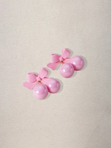 New Arrival Sweet Girl's Fresh Light Pink Bow Pearl Beaded Earrings, Cute Silver Needle Earrings For Women, Spring/Summer Music Fest - Pink - View 2