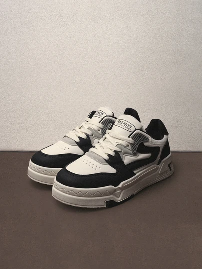 Hatastic 秋冬女士时尚百搭透气舒适防滑休闲运动鞋，黑白拼接圆头