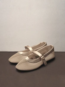 Hatastic 2025秋冬新款女式平底玛丽珍鞋，带绑带，网纱仙女风乐福鞋，圆头百搭透气平底鞋，芭蕾舞音乐节 - 杏色 - 查看 1