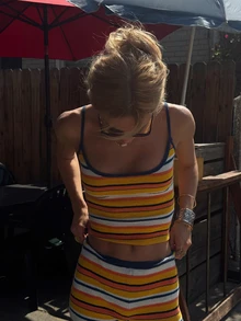 Mori 2026 Spring/Summer New Women's Striped Knit 2 Pieces Set, With Interwoven Stripe Design, Camisole + Shorts Silhouette, Retro Sweet & Spicy Vibe. Suitable For Vacation, Daily Wear, Hangout With Friends, Music Festival, Beach Leisure, Resort - Multicolor - View 3