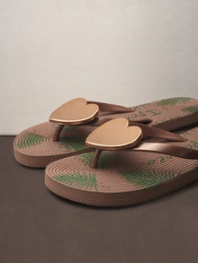 Hatastic Women's Summer Metallic Heart Flip Flops, Tropical Plant Floral Elements, Sandals Music Fest Back To School Halloween - Apricot - View 3