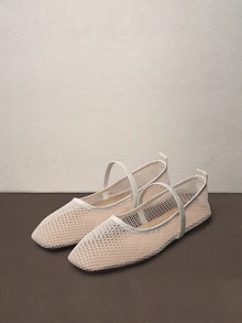 Hatastic Giày bệt nữ thời trang Thu/Đông, kiểu dáng khoét lỗ, chất liệu lưới, màu trơn, thoáng khí, kiểu Mary Jane, thích hợp cho các lễ hội âm nhạc. - Màu be - Xem 1