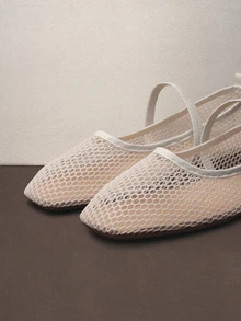 Hatastic Giày bệt nữ thời trang Thu/Đông, kiểu dáng khoét lỗ, chất liệu lưới, màu trơn, thoáng khí, kiểu Mary Jane, thích hợp cho các lễ hội âm nhạc. - Màu be - Xem 3