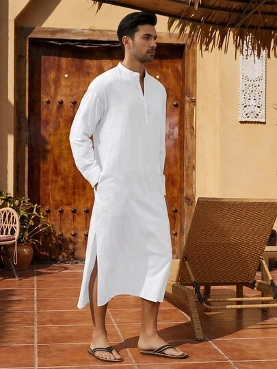 Vestaglia da uomo con colletto alla coreana, maniche lunghe e tasche, in stile mediorientale, adatta per uso interno ed esterno