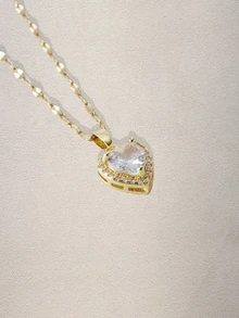 Hatastic 1 件优雅心形铜吊坠项链，心形项链，方晶锆石，不锈钢链，适合女孩和女士的夏季珠宝礼物 - 彩色 - 查看 3