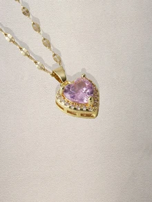 Hatastic 1 件优雅心形铜吊坠项链，心形项链，方晶锆石，不锈钢链，适合女孩和女士的夏季珠宝礼物 - 彩色 - 查看 8