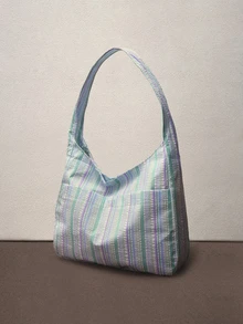 Hatastic 大容量女士布包单肩包休闲百搭条纹手提包 - 藍色 - 查看 4