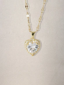 Hatastic 1 件优雅心形铜吊坠项链，心形项链，方晶锆石，不锈钢链，适合女孩和女士的夏季珠宝礼物 - 彩色 - 查看 4
