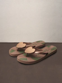 Hatastic Women's Summer Metallic Heart Flip Flops, Tropical Plant Floral Elements, Sandals Music Fest Back To School Halloween - Apricot - View 1