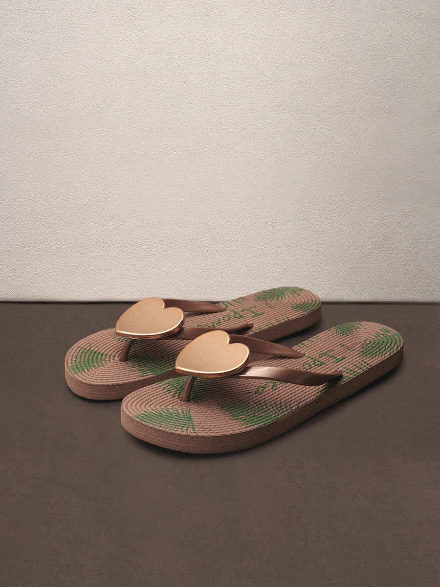 Hatastic Women's Summer Metallic Heart Flip Flops, Tropical Plant Floral Elements, Sandals Music Fest Back To School Halloween - Apricot - View 1