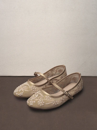 Hatastic 2025 Autumn Women's Round Toe Mesh Ballet Flats With Embroidered Floral & Pearl Decor, Elegant Minimalist Breathable Vintage Mary Jane Slip-On Style, Fashionable And Comfortable For Everyday Wear Music Fest