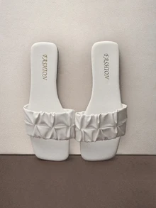 Hatastic New Pleated Ruffle Square Toe Casual Flip Flops, Flat Holiday Style Sandals Music Fest - White - View 2