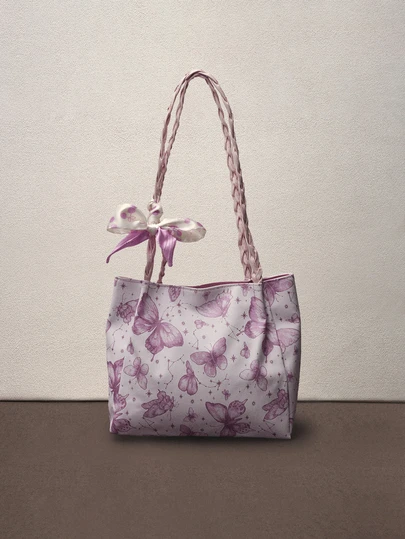 Hatastic 极简蝴蝶装饰手提包，休闲学院风，单肩包，蝴蝶位置随机（围巾颜色/图案随机）