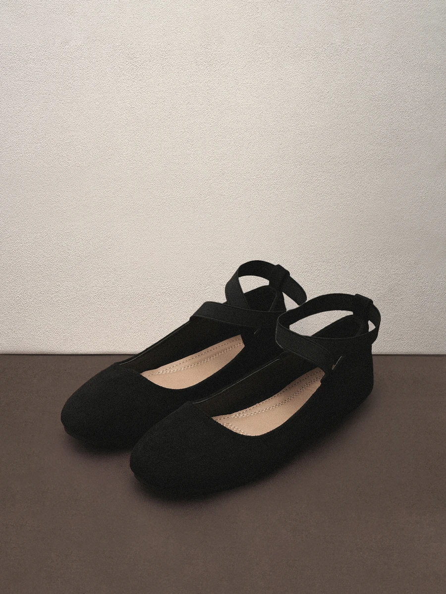 Hatastic 2025秋季女士极简芭蕾平底鞋，优雅户外仿麂皮平底鞋，适合音乐节 - 黑色 - 查看 1