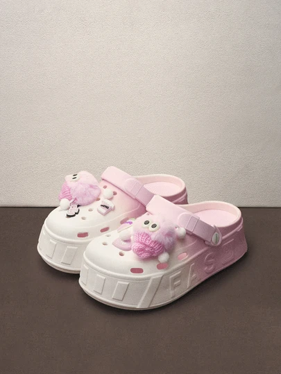 Hatastic 女士春夏卡通毛球可爱镂空鞋，时尚轻便撞色女士沙滩拖鞋，软底花园木屐音乐节鞋