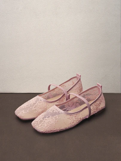 Hatastic 秋冬优雅玫瑰花方头蕾丝网面女鞋，户外休闲婚礼派对透气镂空平底芭蕾鞋，百搭乐福鞋，玛丽珍音乐节