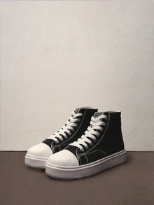 Hatastic 秋冬四季女式高帮帆布鞋，透气舒适轻便厚底系带百搭白色运动鞋 - 黑色 - 查看 1