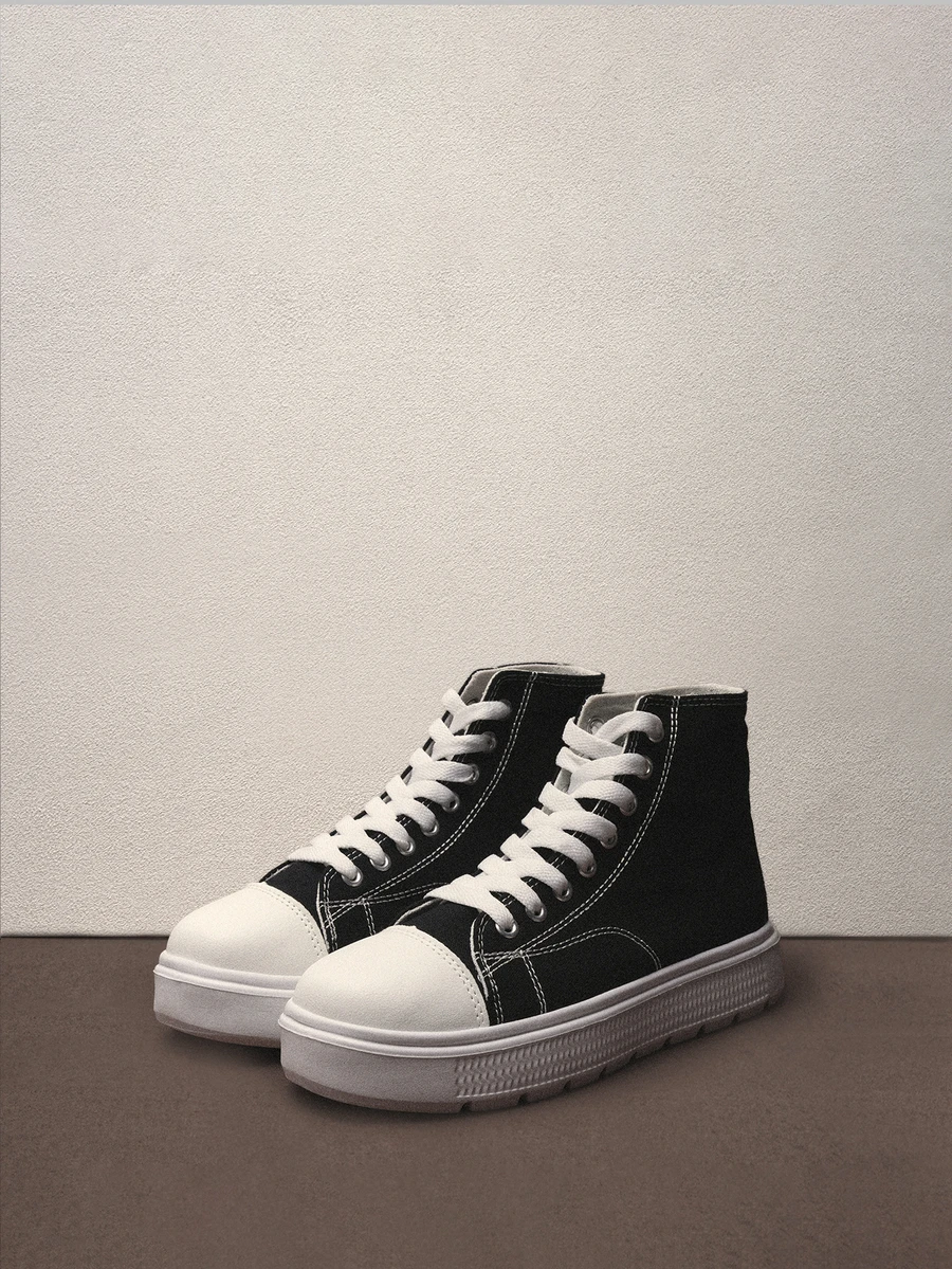 Hatastic 秋冬四季女式高帮帆布鞋，透气舒适轻便厚底系带百搭白色运动鞋 - 黑色 - 查看 1