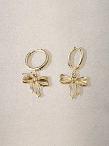Hatastic 1 Pair Stainless Steel Waterproof Non-Fading Cute Bow Hoop Earrings, Suitable For Women Daily Wear Music Fest - Gold - View 1