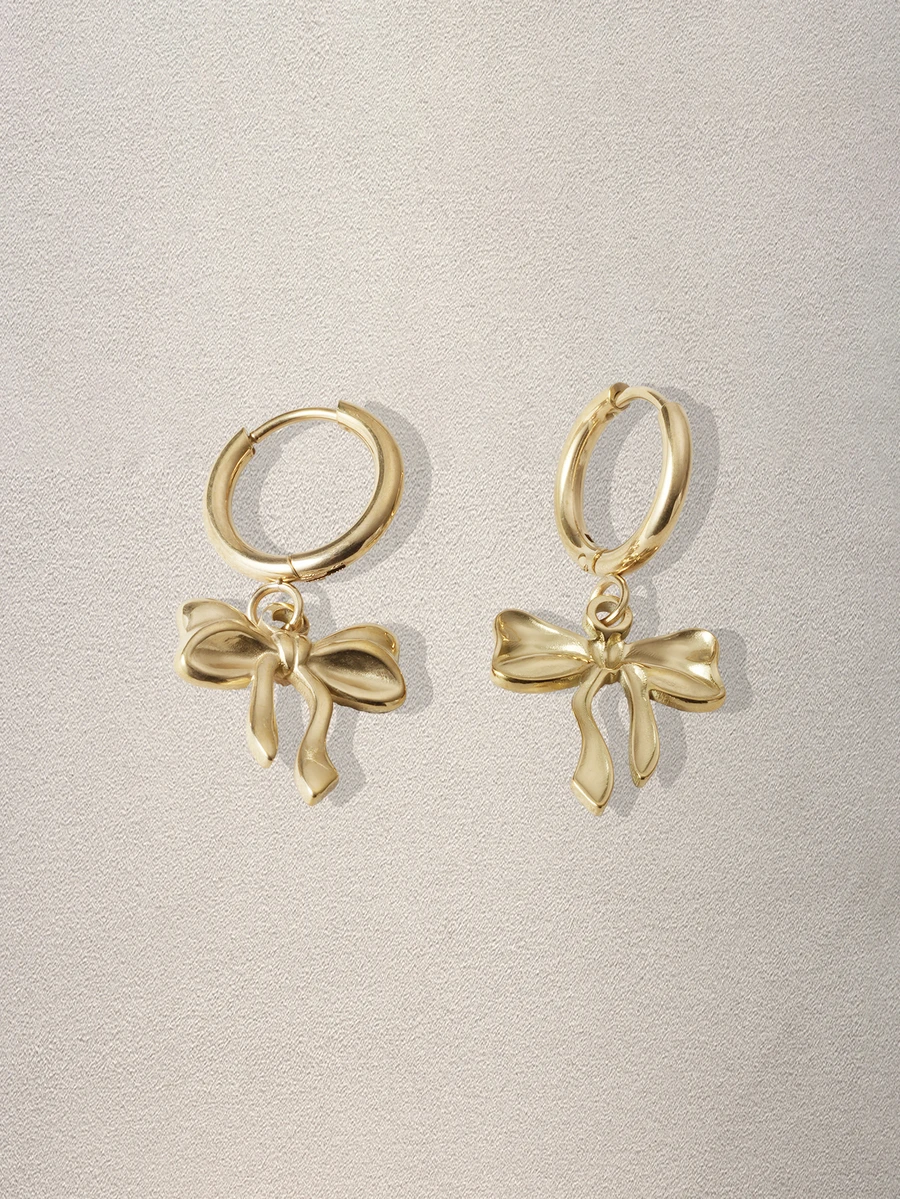 Hatastic 1 Pair Stainless Steel Waterproof Non-Fading Cute Bow Hoop Earrings, Suitable For Women Daily Wear Music Fest - Gold - View 1
