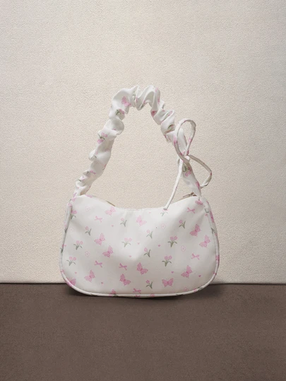 Hatastic 1pc White Nylon Fabric Smooth Zipper Bow Print Drawstring Shoulder Strap Design Fashion Versatile Casual Summer Cross-Border New Niche Shoulder Bag, Suitable For Women's Daily Use