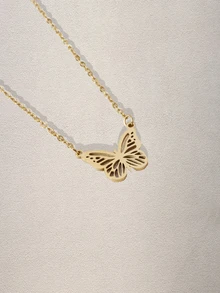 Hatastic 1件装3D蝴蝶骨架吊坠项链，简约时尚金色不锈钢链，精致蝴蝶项链，不锈钢饰品，女士派对及日常配饰，母亲节礼物，音乐节 - 金色 - 查看 3