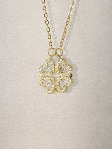 Hatastic 1 件优质不锈钢项链，四叶草和心形小盒设计，百搭，独特，适合作为礼物送给朋友 - 銀色 - 查看 5