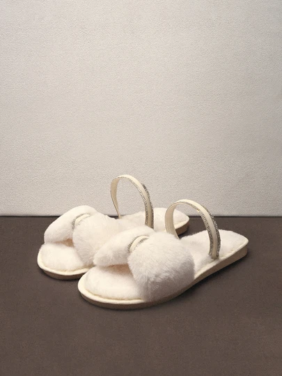 Hatastic New Arrival 2025 Spring, Summer, Autumn, Winter Fashion Faux Fur Bling-Bling Bow Crystal Decorated Open Toe Comfortable Indoor Fancy Ladies House Slippers,Fluffy Slippers