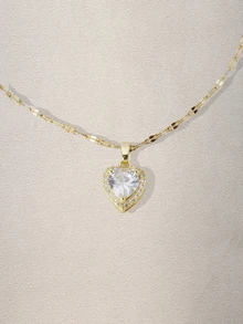 Hatastic 1 件优雅心形铜吊坠项链，心形项链，方晶锆石，不锈钢链，适合女孩和女士的夏季珠宝礼物 - 彩色 - 查看 5