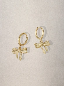 Hatastic 1 Pair Stainless Steel Waterproof Non-Fading Cute Bow Hoop Earrings, Suitable For Women Daily Wear Music Fest - Gold - View 3