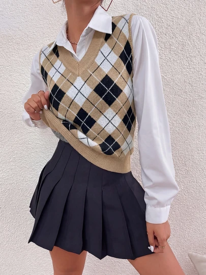 Women's Diamond Pattern Sleeveless Knit Sweater Vest, Suitable For Daily Wear In Spring, Summer And Autumn