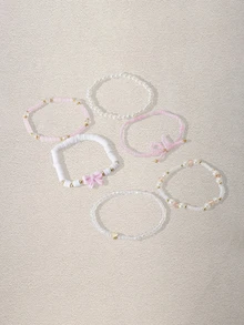 Hatastic 6pcs/Set Fashionable Heart & Bow Beaded Bracelet Set For Women - Pink - View 5
