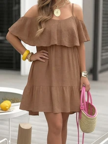 Elegante vestido corto sin mangas con volantes en el bajo, adecuado para usar en verano - Albaricoque - Ver 3