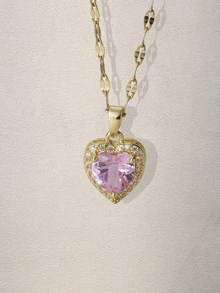 Hatastic 1 件优雅心形铜吊坠项链，心形项链，方晶锆石，不锈钢链，适合女孩和女士的夏季珠宝礼物 - 彩色 - 查看 7