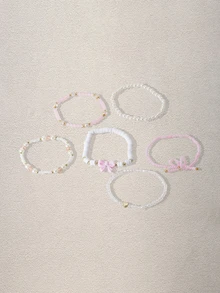 Hatastic 6pcs/Set Fashionable Heart & Bow Beaded Bracelet Set For Women - Pink - View 3