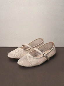 Hatastic 2025秋季新款女士圆头芭蕾平底鞋，网面材质，刺绣花卉图案，优雅简约透气复古玛丽珍一脚蹬款式，时尚舒适，适合日常穿着和音乐节等场合。 - 米色 - 查看 1