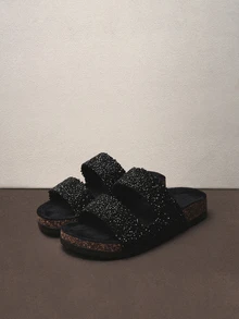 Hatastic Platform Glitter Slip-On Slippers For Women - Memory Foam, Slip-Resistant, Casual House Shoes, Suitable For Street Wear Music Fest - Black - View 1