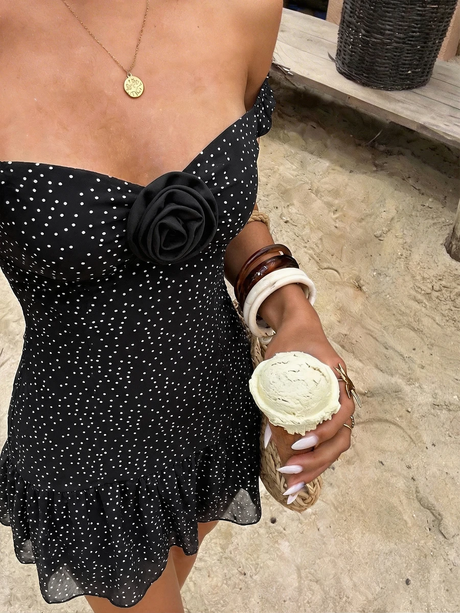 女士黑白波点印花迷你连衣裙，带衬里，露肩设计，春夏款