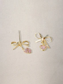 Hatastic 一对金色蝴蝶结心形吊坠耳环，简约粉色立方氧化锆心形水滴耳环，女士情人节蝴蝶心形耳环首饰，女士礼物，情人节礼物（送给妻子、女友、妈妈、母亲），母亲节礼物音乐节 - 彩色 - 查看 4