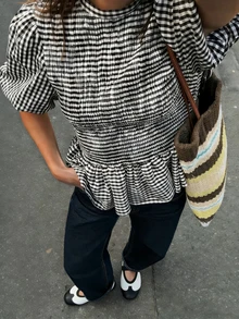 Áo sơ mi nữ cổ đứng tay ngắn kẻ caro - Nhiều màu - Xem 1