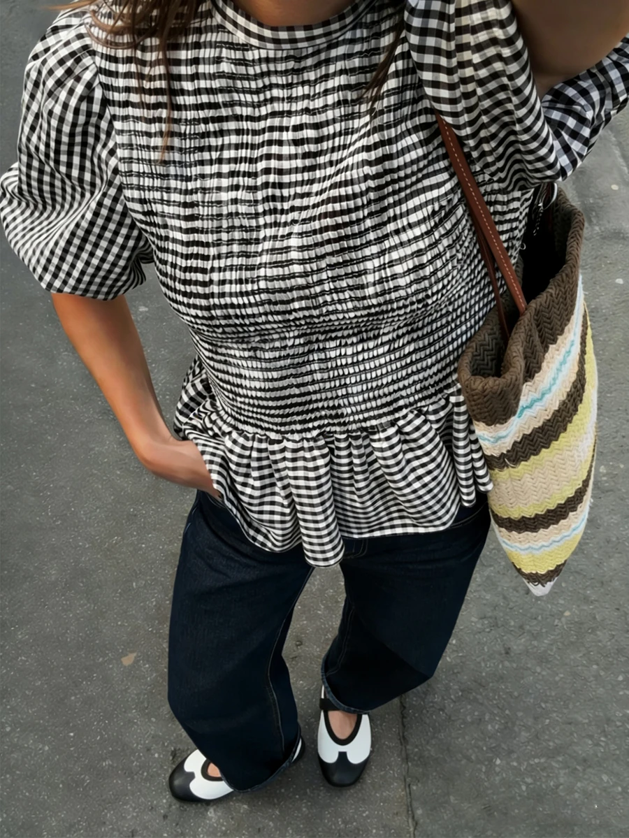 Áo sơ mi nữ cổ đứng tay ngắn kẻ caro - Nhiều màu - Xem 1