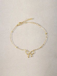 Hatastic 1件装女士不锈钢金色珠子蝴蝶吊坠手链，时尚日常饰品礼品，不含礼盒，音乐节 - 金色 - 查看 1