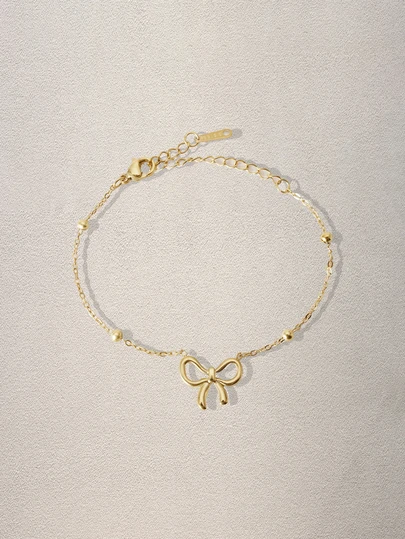 Hatastic 1件装女士不锈钢金色珠子蝴蝶吊坠手链，时尚日常饰品礼品，不含礼盒，音乐节