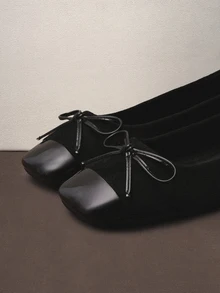 Hatastic 2025新款蝴蝶结方头粗跟平底套脚休闲舒适软底女鞋音乐节 - 黑色 - 查看 3