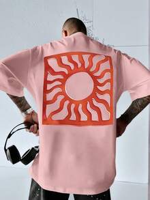 Camiseta de manga corta holgada con estampado abstracto retro del sol para hombre - Rosa - Ver 1