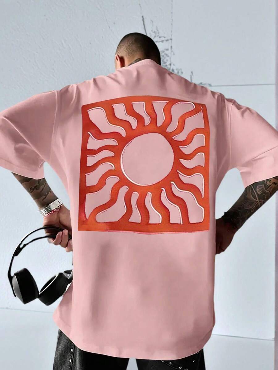 Camiseta de manga corta holgada con estampado abstracto retro del sol para hombre - Rosa - Ver 1