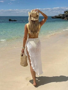Women's Elegant Hollow-Out Sexy Sheer Wrap Design Cover-Up & Mini Skirt Set, Spring/Summer - White - View 2