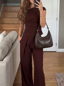 Elegante blusa asimétrica con volantes, cuello asimétrico, delgada, sexy, casual, de negocios, para ir a la oficina, de uso diario, para el verano - Marrón - Ver 2