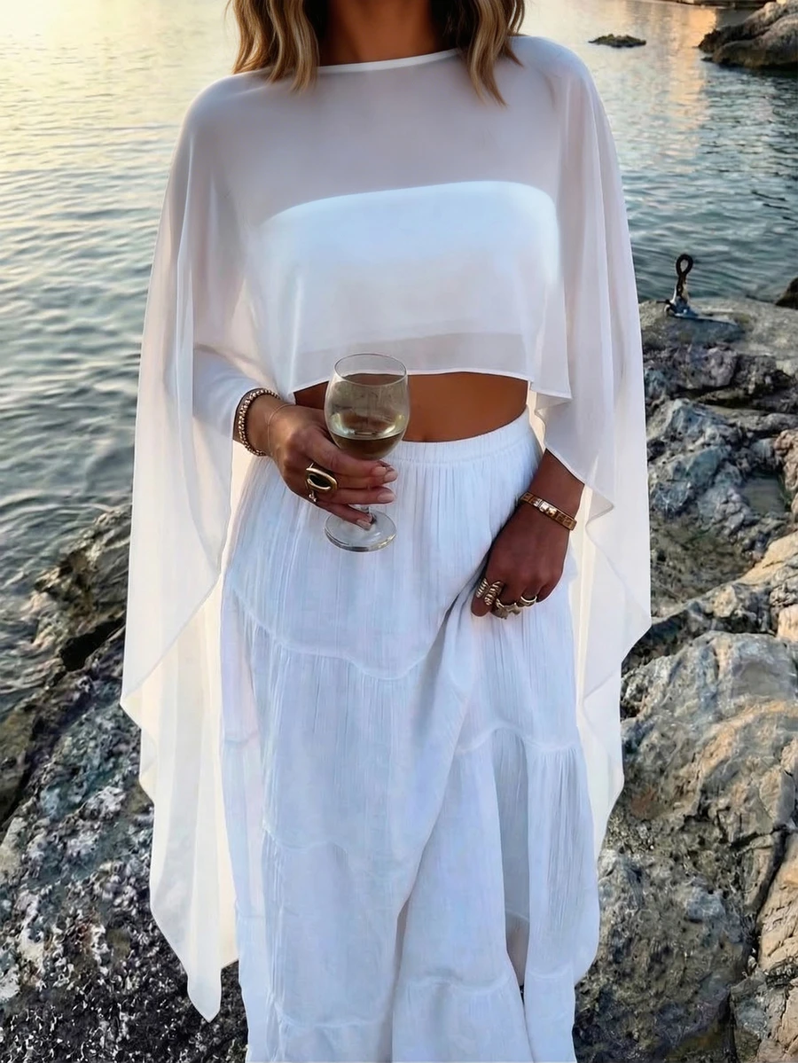 Women's Summer Vacation Casual Beach Cover-Up Chiffon Cover Up, Romantic White Long Sleeve Round Neck Woven Fabric Cover-Up - White - View 1